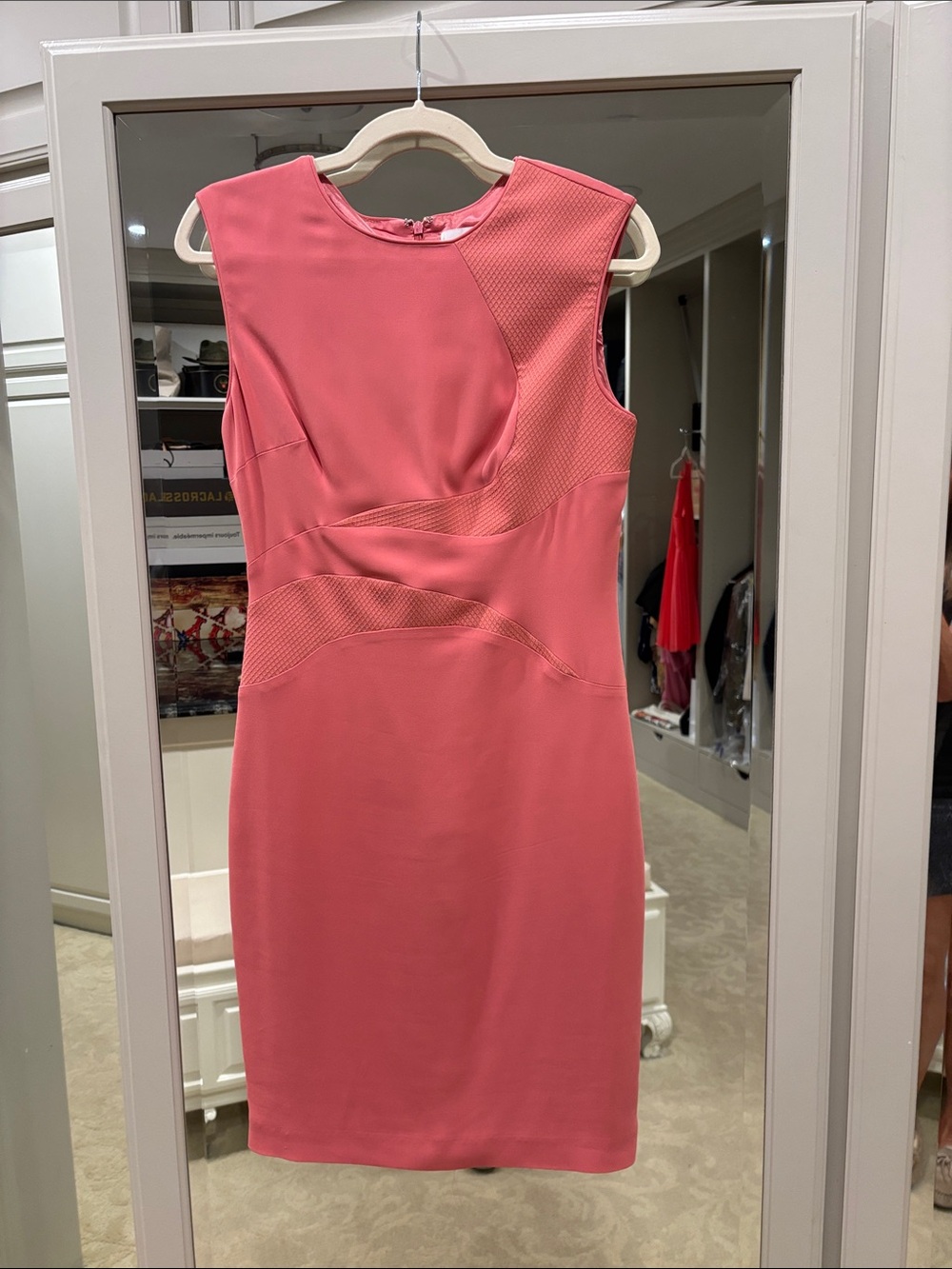Reiss Coral-Pink Textured Sheath Midi Dress